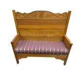 VTG OAK HALL BENCH, HIGH BACK W/ CARVED CREST