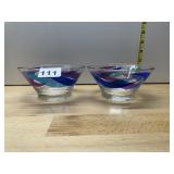 GLASS BOWLS (2), SWIRL PATTERN, BLUE AND PURPLE