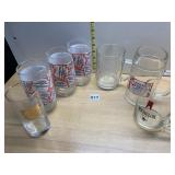 BUDWEISER BEER GLASSES (3), MILLER HAPPY HOLIDAYS