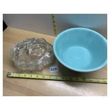VTG GLASS COVERED DISH, TURQUOISE CERAMIC BOWL.
