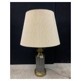 VTG BRASS AND GLASS COLUMN TABLE LAMP W/ PLEATED