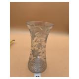 CRYSTAL VASE, ETCHED FLORAL PATTERN, STARBURST