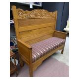 VTG OAK HALL BENCH W/ CARVED BACKREST, STRIPED