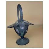 FENTON ART GLASS BASKET, BLUE IRIDESCENT GLASS,