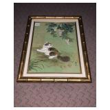 VTG ORIENTAL STYLE CAT PAINTING, GOLD BAMBOO