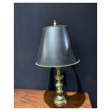 BRASS TABLE LAMP W/ BLACK SHADE, TURNED COLUMN