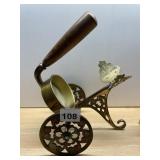 BRASS WINE BOTTLE CRADLE, ENAMELED WHEEL DETAILS,