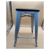 METAL BAR STOOL, WHITE FINISH, DARK WOOD SEAT.