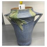 BLUE ART POTTERY VASE, DUAL HANDLES, LEAF MOTIF.