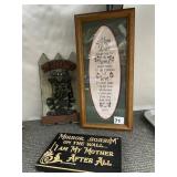 WOODEN WELCOME SIGN W/ CAT FIGURE, FRAMED MOM &