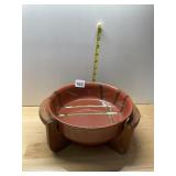 STUDIO POTTERY BOWL W/ TEAK WOOD STAND.