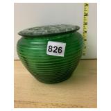 VTG GREEN GLASS FLOWER FROG BOWL, RIBBED DESIGN,