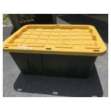 PLASTIC STORAGE BIN W/ YELLOW LID.