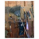 ASSORTED HAND TOOLS, INCLUDES RAKE, HACKSAW, LUG