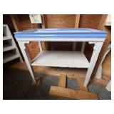 VTG PAINTED WOOD SIDE TABLE W/ LOWER SHELF, BLUE