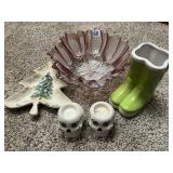 ND HAND PAINTED BOWL, CERAMIC BOOT VASE,