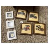 TEAK ROLL TOP BREAD BOX, VTG CAR PRINTS (4), AND