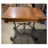 WOOD TOP SIDE TABLE, HERRINGBONE PATTERN, METAL