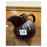 VTG DEEP RED GLASS PITCHER, RIBBED DESIGN.