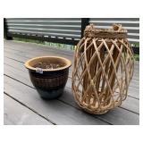 GLAZED STONEWARE PLANTER, WOVEN WICKER SOLAR