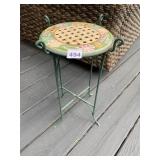 METAL PLANT STAND, CERAMIC TILE TOP, FLORAL AND