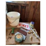 MISC. HOUSEHOLD ITEMS: PLASTIC BUCKET, EXIT SIGN,