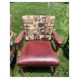 VTG ARMCHAIR, WOOD FRAME, BURGUNDY VINYL ARMS AND