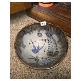 HAND-PAINTED POTTERY BOWL, FLORAL AND BIRD MOTIF,