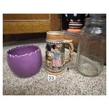 VTG CERAMIC STEIN W/ FIGURAL SCENE, PURPLE