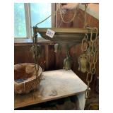 VTG BRASS CHANDELIER, LEAF MOTIF SOCKETS, CHAIN