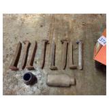 VTG RAILROAD SPIKES (8) AND GLASS BOTTLES (2),