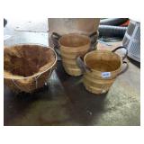 WOODEN BASKETS (2), WIRE HANGING BASKET W/ COCO