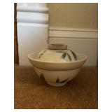 CERAMIC COVERED BOWL, BAMBOO MOTIF, ASIAN STYLE.