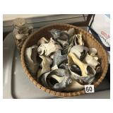BASKET OF ASSORTED SEASHELLS, GLASS JAR W/ CORK