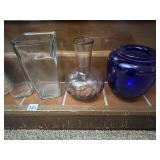ASSORTED GLASS VASES (3), CERAMIC PITCHER W/