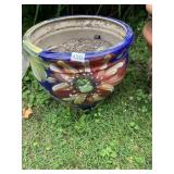 GLAZED POTTERY PLANTER, HAND-PAINTED FLORAL