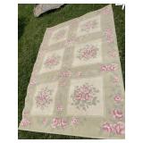 AREA RUG, GREEN FIELD W/ PINK ROSE FLORAL