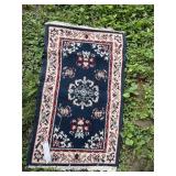 AREA RUG, BLUE FIELD W/ RED AND CREAM FLORAL