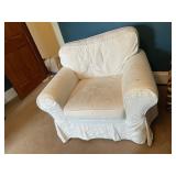 UPHOLSTERED ARMCHAIR W/ WHITE SLIPCOVER, ROLLED