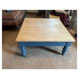 WOOD COFFEE TABLE W/ PAINTED BLUE BASE, TURNED