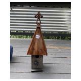 WOODEN BIRD HOUSE, RUSTED CORRUGATED METAL ROOF,