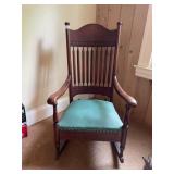 VTG WOOD ROCKING CHAIR, SPINDLE BACK, UPHOLSTERED