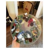 TEXTURED GLASS SERVING PLATTER W/ PAINTED BIRD