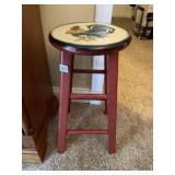 VTG WOOD STOOL W/ HAND-PAINTED ROOSTER MOTIF ON