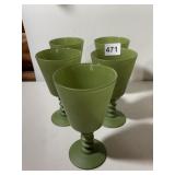 GREEN GLASS GOBLETS, STEMMED, RIBBED STEMS, MATTE