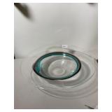 ART GLASS BOWL, CLEAR GLASS W/ TEAL AND BROWN RIM