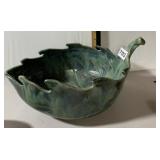 POTTERY LEAF BOWL, CERAMIC, GREEN GLAZE, STEM