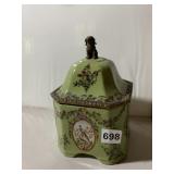 CERAMIC LIDDED JAR, GREEN GLAZE, FLORAL AND BIRD