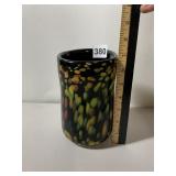 ART GLASS VASE, BLACK W/ MULTICOLOR SPECKLED