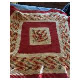 HAND-CROCHETED THROW BLANKET, RED, CREAM, AND